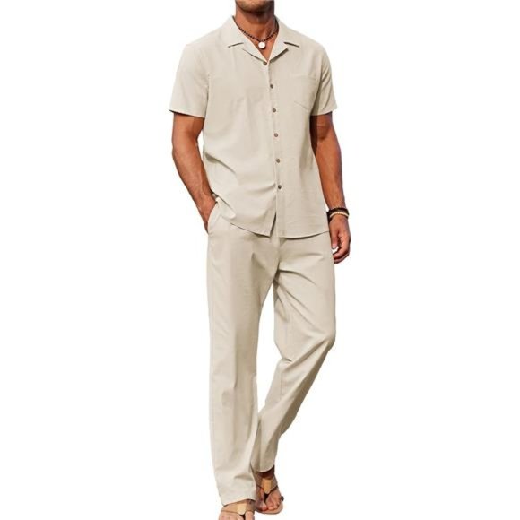 Men 2 Piece Linen Outfit Beach Button Down Shirt Casual Loose Pant Sets - Picture 1 of 6